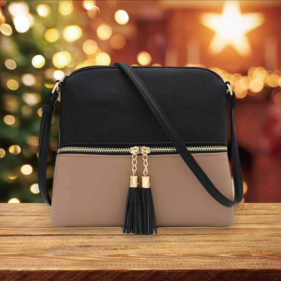 HOLIDAY SALE!! Women's Lightweight Black and Tan Crossbody Bag with Tassels - Picture 10 of 10